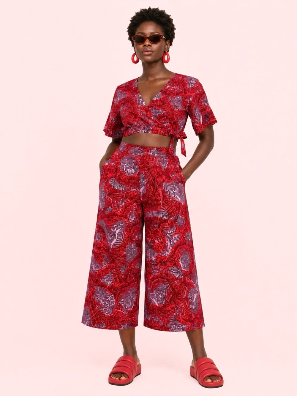 NWT YEVU “Red Feathers” Wide Leg Cotton Pants